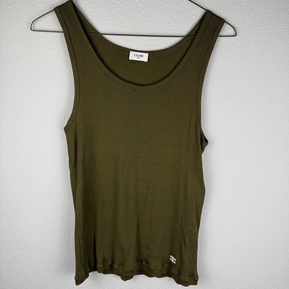 Celine Paris Ribbed Cotton Silk Tank Top Olive Green Made in Italy Size M